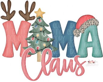 Mama Claus digital design | PNG | antlers gift snowman & Santa hats | Christmas Mama | Printable | Instant Download | Hand Drawn |
