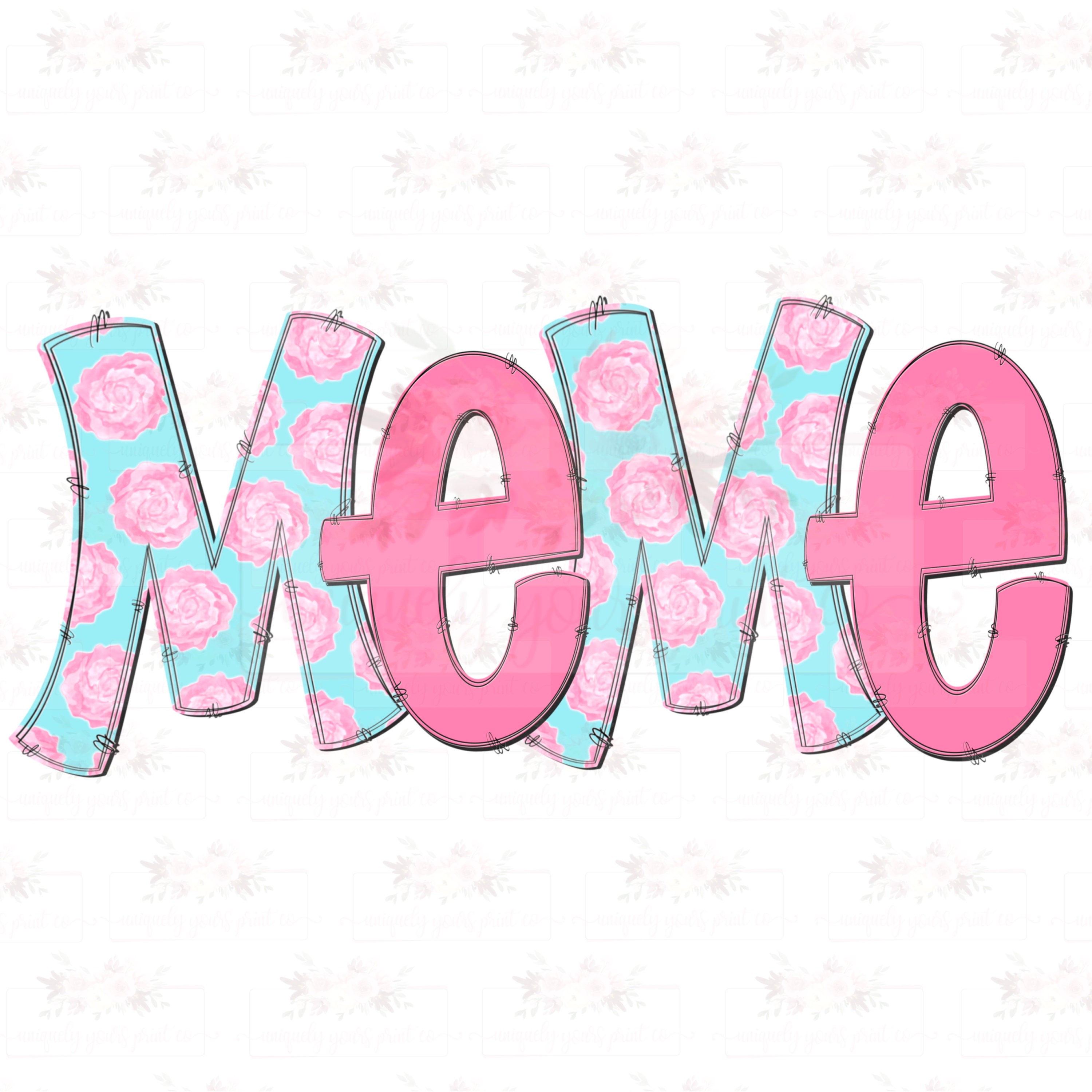 Meme Bloemen Doodle Png Blauw Met Roze Rozen Handgetekende - Etsy België