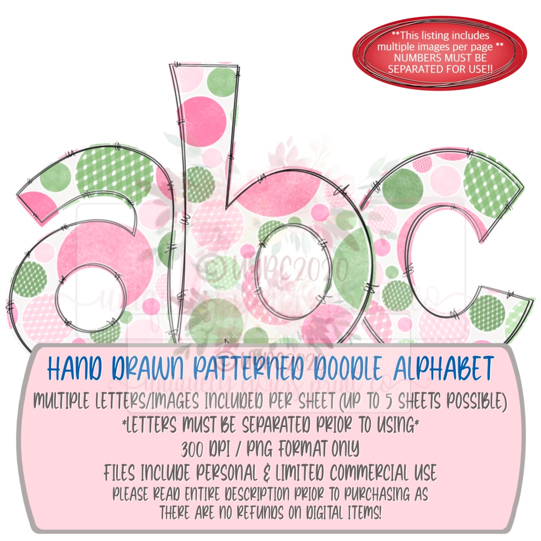 Pink and Lime Watercolor & Gingham Dots Doodle Lowercase Alphabet Set ...