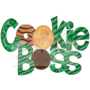May include: Green and brown graphic design with the text "Cookie Boss" and images of cookies.
