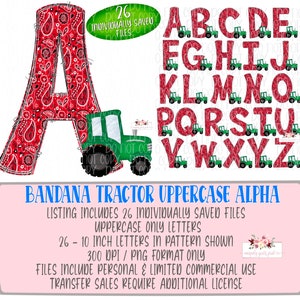 Bandana Tractor Uppercase Digital alphabet | 26 Individually saved files | hand drawn | digital design download | Printable Alpha