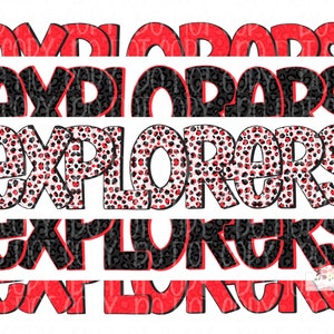 Explorers Digital Design | Red and Black Explorers Mascot | Stacked cheetah tie dye & leopard | Digital Download | Hand Drawn | PNG |