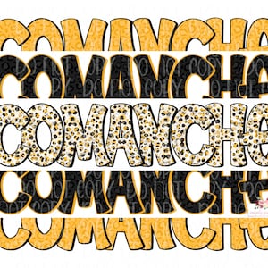 Comanche School Mascot Digital Design | Stacked cheetah tie dye & leopard | printable design Download | Hand Drawn | PNG | Black and Gold