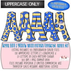 Royal Blue & Yellow Digital Alpha Bundle | 5 Patterns of Individually Saved Letters | Alphabet Letter clipart | Hand drawn | Printable