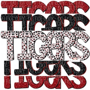 Tigers Digital Design | Tigers Mascot | Stacked cheetah tie dye & leopard | Digital Download | Hand Drawn | PNG | Maroon and Black
