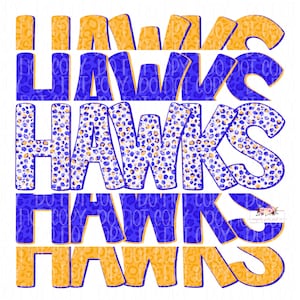 Hawks Digital Design | Royal Blue and Gold Hawk Mascot | Stacked cheetah tie dye & leopard | Digital Download | Hand Drawn | PNG |