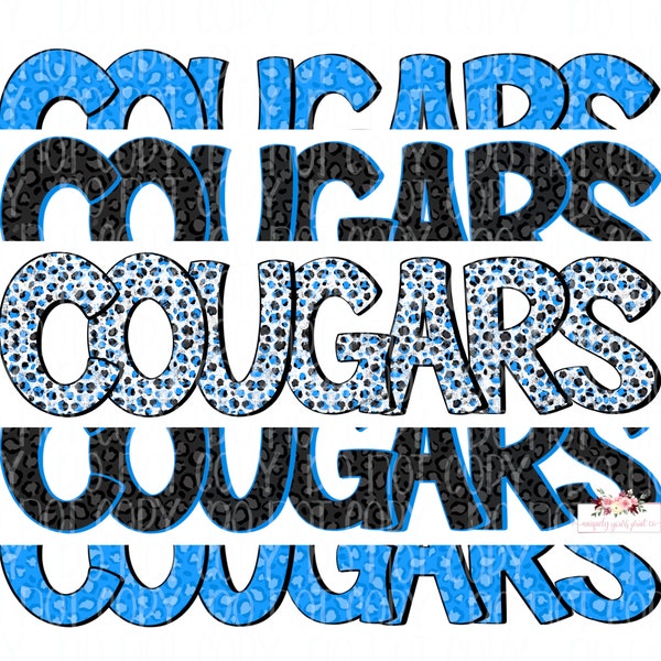 Cougars Digital Design |Carolina Blue, Black and white Cougar Mascot | Stacked cheetah tie dye & Leopard |Printable | Hand Drawn | PNG |