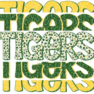 Tigers Digital Design | Green and Yellow Tigers Mascot | Stacked cheetah tie dye & leopard | Digital Download | Hand Drawn | PNG |