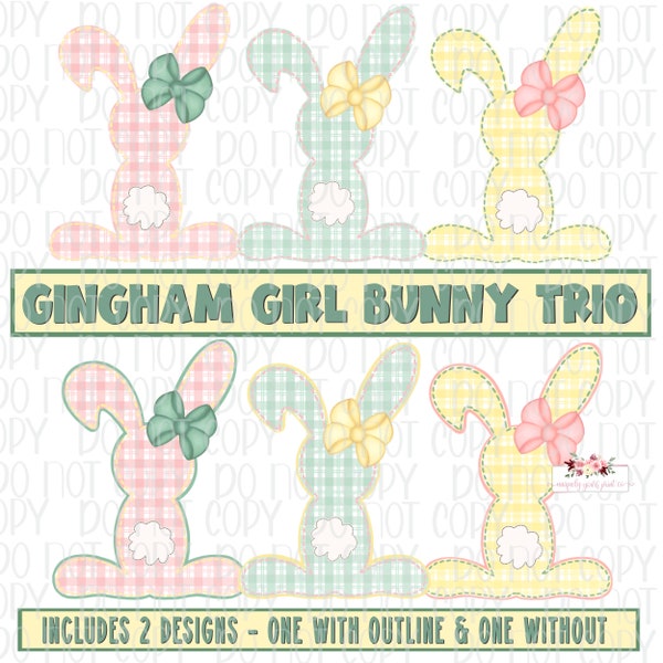 Pair of Gingham Bunny digital designs | Hand drawn | Printable Download | bunny trio with hair bows | 2 designs included | coral mint yellow