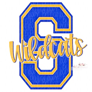 Diseño de gatos monteses de oro real y amarillo / Varsity S / Dibujado a mano / PNG / Sublimación / Descarga digital / Sweetwater