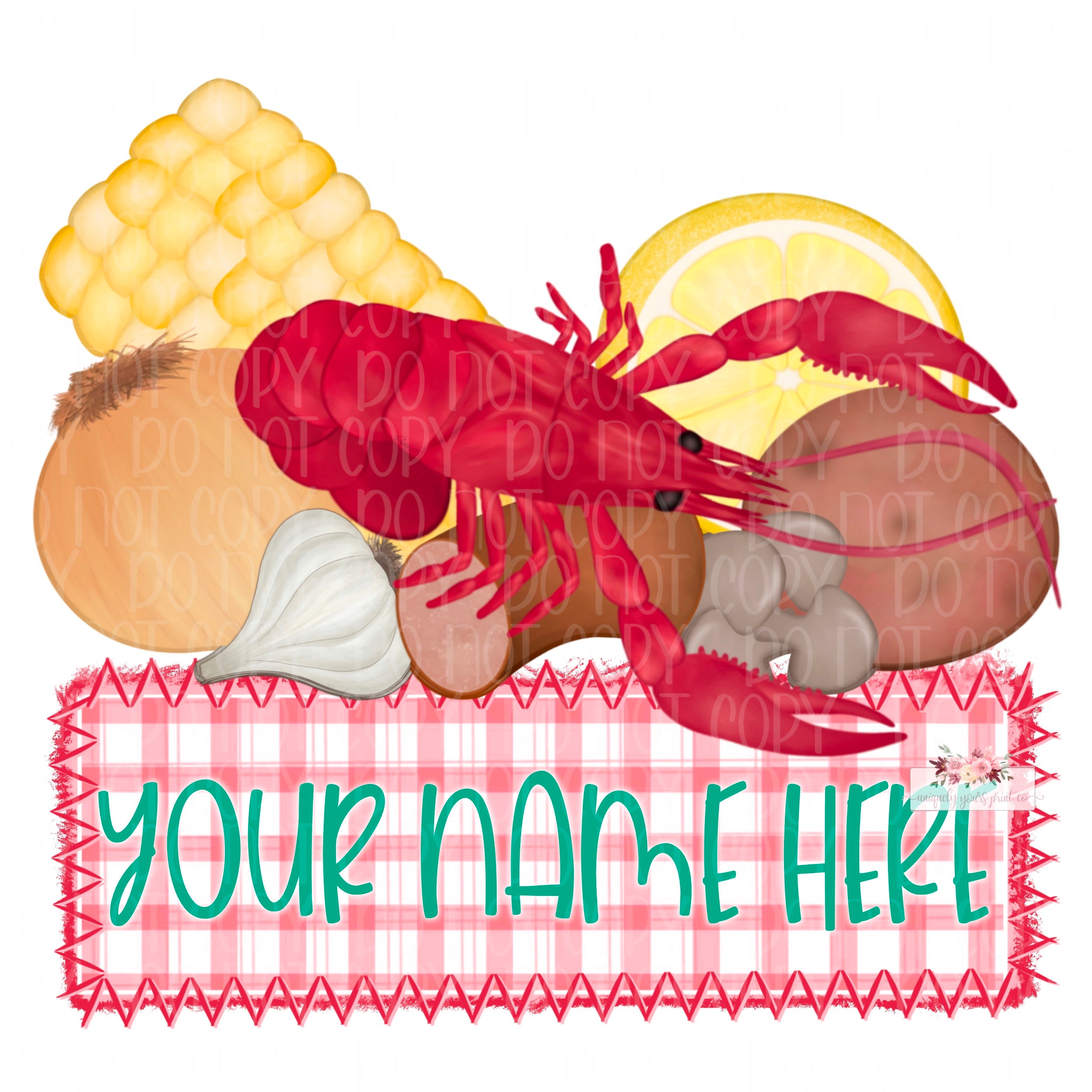 Crawfish Boil Digital Art Download | Crawfish design | Digital Print | Sublimation | Hand Drawn | PNG | Cajun | Creole | gingham nameplate