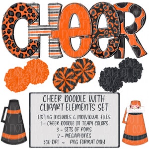Orange & Black Cheer clipart digital Design pack  | Hand drawn | PNG | Sublimation | Digital Download | Six Individually saved files