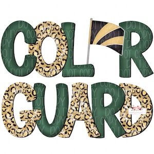 Diseño digital Color Guard con tinte de corbata de guepardo negro dorado y verde/ Dibujado a mano / PNG / Sublimación / dibujado a mano
