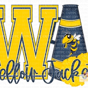 Op de afbeelding: Een grafisch ontwerp met de gele letter "W" met een marineblauwe omtrek, de woorden "Yellow Jackets" in marineblauw script, een cartoonbij en een gele pompon. Het ontwerp staat op een witte achtergrond.