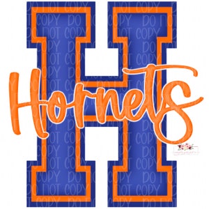 Hornets Mascot Digital Design | Royal Blue and Orange | Varsity H Hornets mascot | Digital Download | Hand Drawn | PNG |