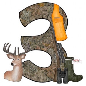 Number 3 deer hunting elements digital design | Deer Hunting 3rd birthday  | PNG | Hand drawn | printable | Digital design | camouflage 3