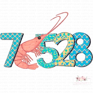 Puede incluir: Un camarón rosa con un diseño de patrón azul, amarillo y blanco alrededor de los números 7528.