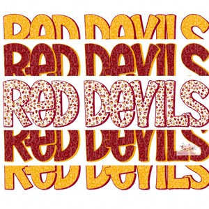 May include: Red Devils text in a layered design with a maroon and gold leopard print pattern.