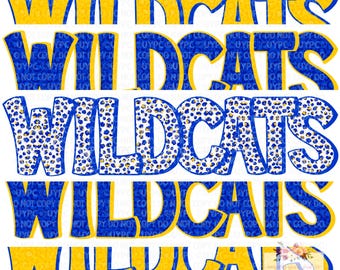 Wildcats Mascot Digital design Download  | cheetah tie dye leopard stack | Hand drawn | School Spirit | Yellow Gold and Royal Blue
