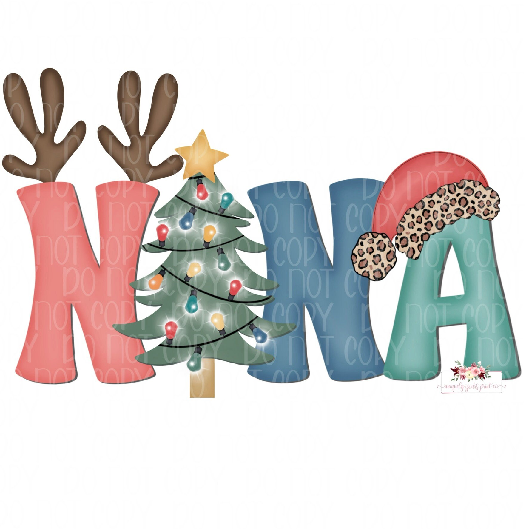 Christmas Nana digital design | PNG | Reindeer Christmas tree Leopard Santa hat | Mama | Printable | Instant Download | Hand Drawn