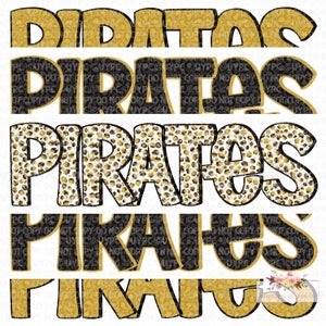 Pirates Digital Design | Pirate Mascot | Stacked cheetah tie dye & leopard | Digital Download | Hand Drawn | PNG | black and old gold