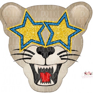 Cougars Preppy mascot digital design | Blue and Yellow glitter eyes | Hand drawn | School Spirit | Printable Download | school Mascot