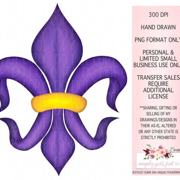 Purple & Gold watercolor Fleur de lis | Hand drawn | PNG | Sublimation | Digital Design Download |