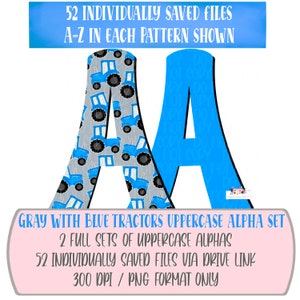 Gray with Blue Tractors Uppercase Alpha Set| 56 Individually saved files | png | hand drawn | sublimation | digital design download