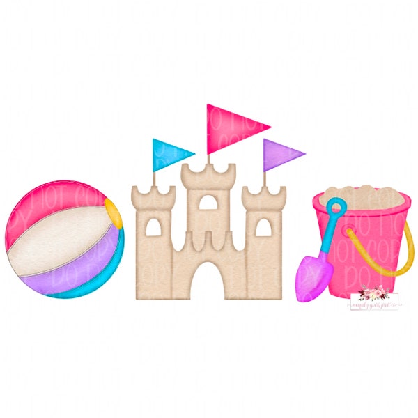 Kid’s Summer Sand Beach Trio - Pink | Sand Pail Beach Ball & Sand Castle | Kids Summer Beach watercolor digital design | beach Sublimation