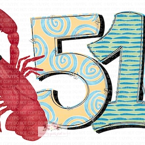 May include: A graphic design featuring the numbers 7510 in a bold, stylized font. The number 7 is blue with yellow and white geometric shapes. A red lobster is positioned between the 7 and 5. The numbers 5, 1, and 0 are in various shades of blue and yellow.