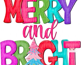 Merry & Bright watercolor doodle PNG | Christmas Sublimation | Digital Design | Instant Download | PNG | Sublimation | Hand Drawn |