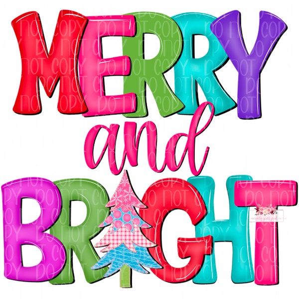 Merry & Bright watercolor doodle PNG | Christmas Sublimation | Digital Design | Instant Download | PNG | Sublimation | Hand Drawn |