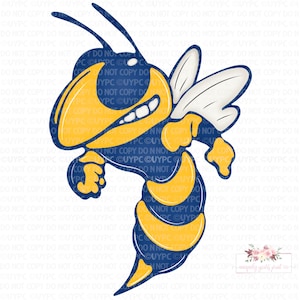 May include: A cartoon bee mascot with blue and yellow stripes. The bee has a big smile and is flying with its wings spread out.