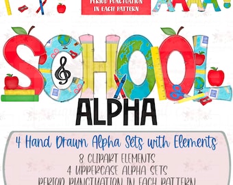 School  Teacher Alpha Set with 3D add-on Elements | Individually saved letters and images | png | hand drawn | sublimation | design download