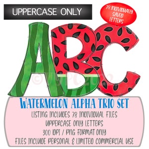 Watermelon Alpha Trio Set  | 78 Individually saved files | png | hand drawn | sublimation | digital design download