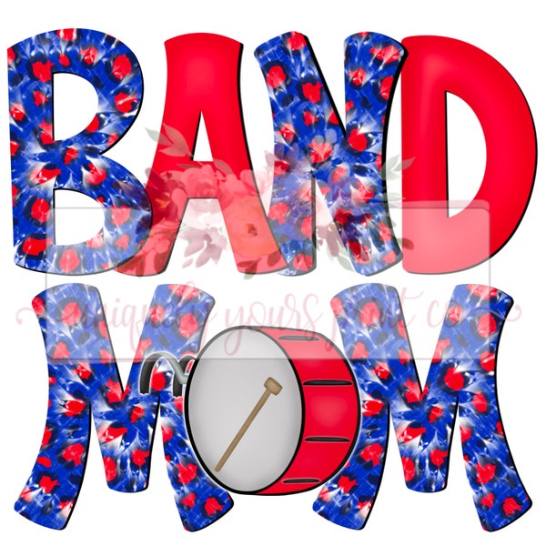 Royal Blue And Red cheetah tie dye band Mom Doodle with bass drum | Hand drawn | PNG | Sublimation | Digital Download |