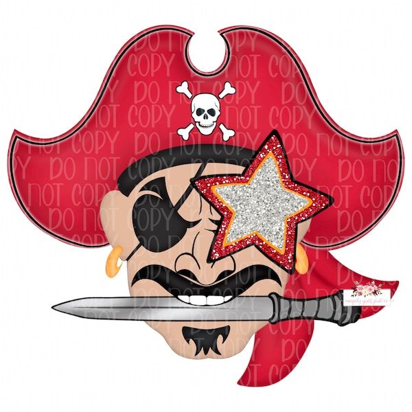 Preppy Pirate Mascot digital design | Red Black Silver glitter | Hand drawn Mascot  | School Spirit | Printable Download | Mascot png