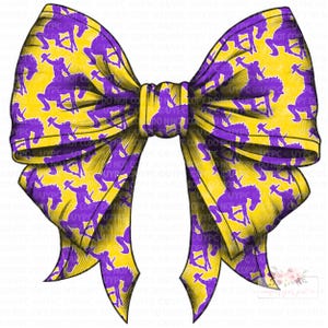 May include: A large decorative bow with a yellow background and a repeating pattern of purple cowboys riding horses. The bow is tied in the center and has long, flowing tails. The bow is a vibrant accessory.