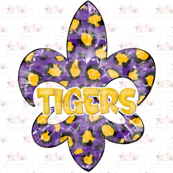 Purple & Yellow cheetah tie dye Tigers  fleur de lis | sublimation design | Westgate Pride | Hand drawn | School Spirit | Digital Download |