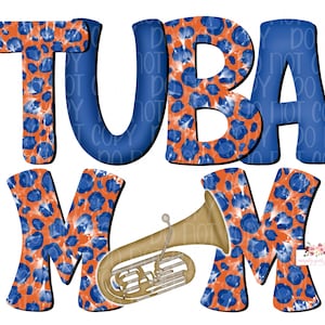Royal Blue & Orange Tuba Mom digital design | cheetah tie dye | Tuba Mom | Hand drawn | PNG | Sublimation | Printable Band Mom Download
