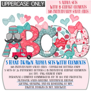 Valentine Elements alpha | 145 Individually saved Files | 5 alpha patterns & 15 elements | png | hand drawn | sublimation | design download