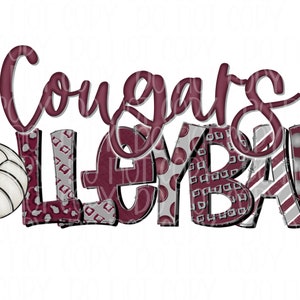 Cougars Maroon & Gray volleyball Digital design | png |sublimation design | Hand drawn | School Spirit | Printable design Download |