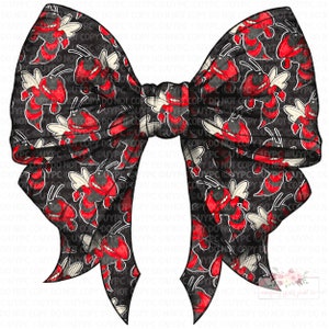 May include: A black and red bow with a repeating pattern of cartoon bees. The bees are red with black stripes and white wings.