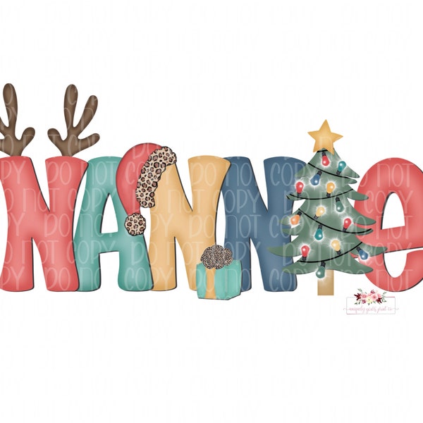 Christmas Nannie digital design | PNG | antlers gift & Santa hats | Christmas Mama | Printable | Instant Download | Hand Drawn |