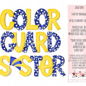 Royal Blue and Yellow Gold cheetah tie dye Color Guard Sister Doodle with flag | Hand drawn | PNG | Sublimation | Digital Download |