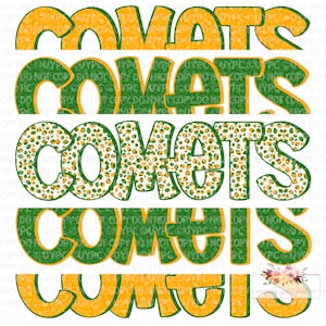 Comets Digital Design | Comet School Mascot | Stacked cheetah tie dye & leopard | Digital Download | Hand Drawn | PNG | Green and Gold