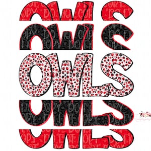 Owls Digital Design | Red, White and Black Owls Mascot | Stacked cheetah tie dye & leopard | Digital Download | Hand Drawn | PNG |