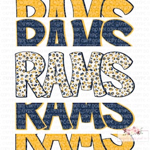 Rams Digital Design | Rams Mascot | Stacked cheetah tie dye & leopard | Digital Download | Hand Drawn | PNG | Navy and yellow Gold
