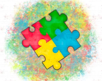 Piezas de rompecabezas de concienciación sobre el autismo PNG / Fondo con salpicaduras (Descarga digital)