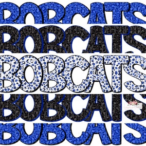 May include: Five rows of the word "Bobcats" in different blue and black leopard print patterns.